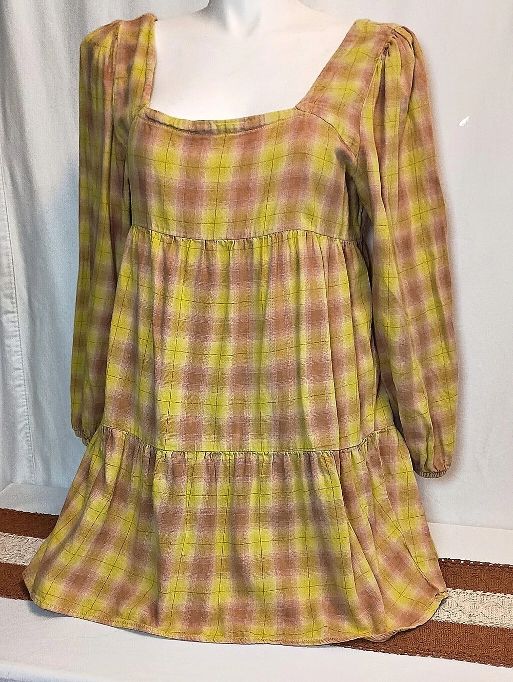 Women's Size Large 100% Cotton Plaid Mini Dress Babydoll Fall Autumn